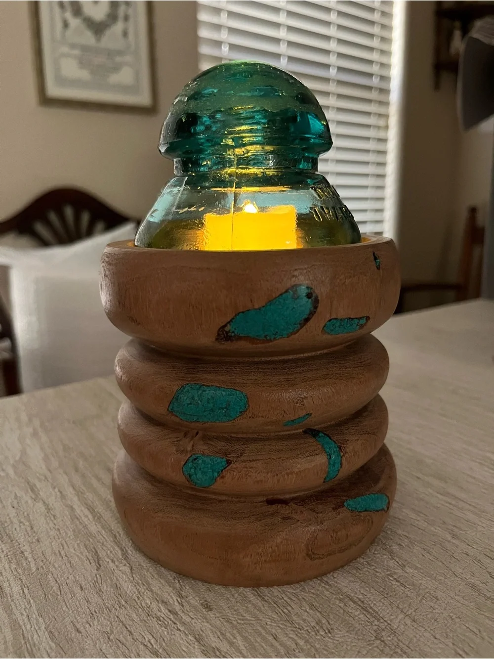 B&W Handcrafted Redneck Fairy Lamp – Teal Glass Insulator & Turned Wood